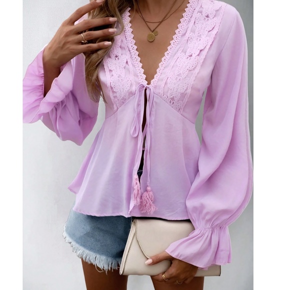 Boho Butterfly Embroidered Front Tie V neck Flounce sleeve Blouse - Picture 4 of 8